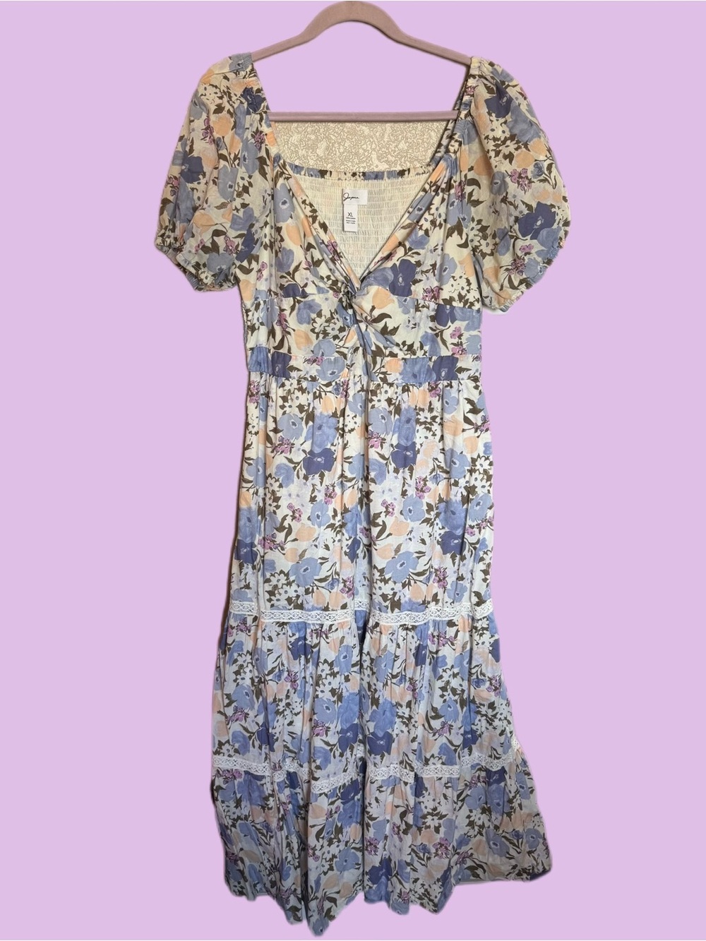 Floral Puff-Sleeve Maxi Dress in Lavender and Cream by Unknown Brand